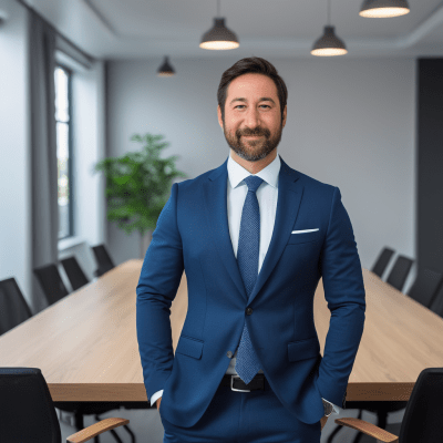 Bircan Öztürk, Gründer und CEO von HomeHarbor Capital, steht in einem modernen Konferenzraum. Er trägt einen blauen Anzug, im Hintergrund sind ein Besprechungstisch und eine Zimmerpflanze zu sehen.