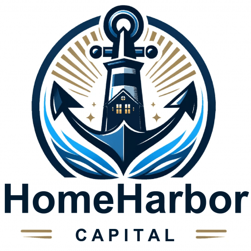 Logo von Home Harbor Capital, mit einem Leuchtturm im Zentrum, umgeben von stilisierten Wellen, symbolisch für Sicherheit und Führung im Investment- und Immobiliensektor