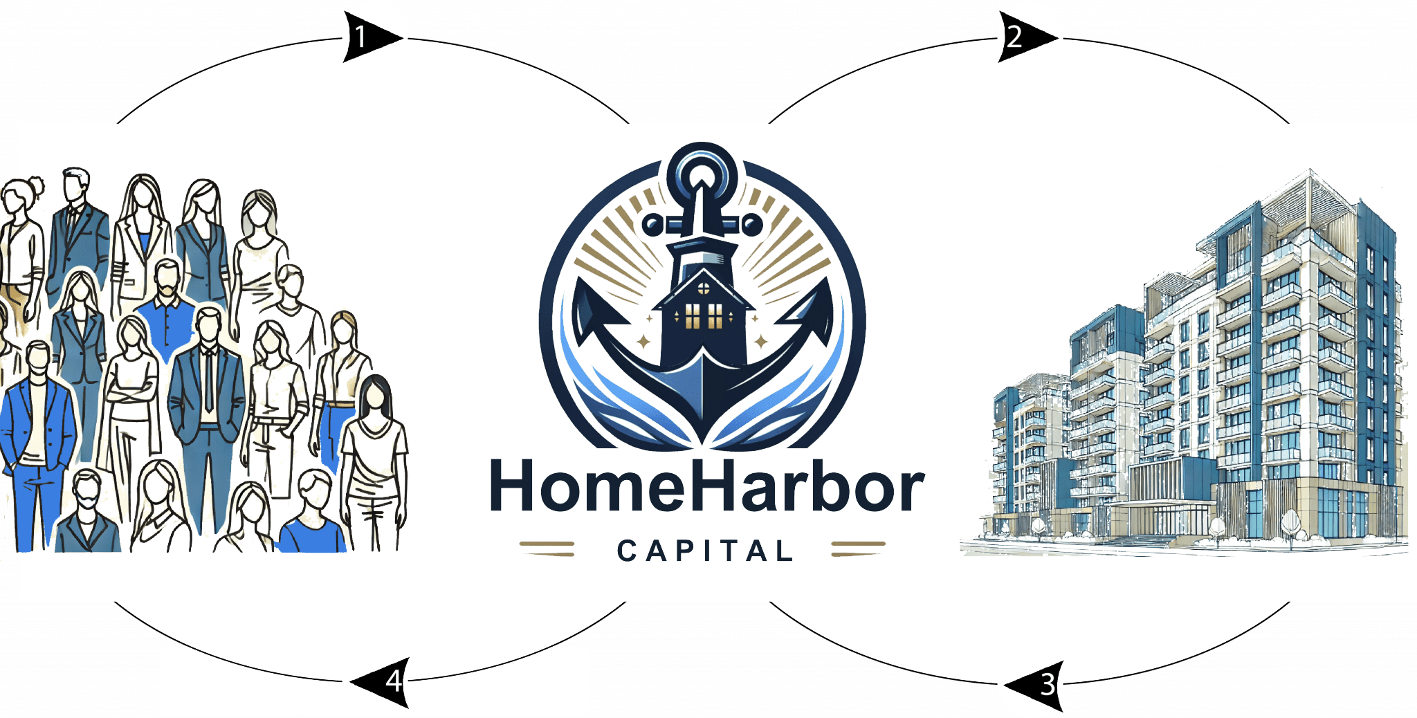 Schematische Darstellung des HomeHarbor-Ablaufs zwischen Community, Plattform und Immobilie