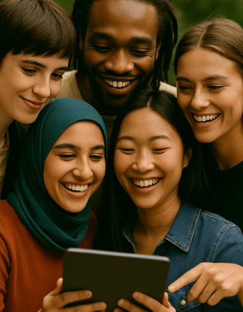 You + Impact – Rethinking investing. Together. Real. Impactful. Five young people from diverse backgrounds are laughing together over a tablet, sharing an inspiring moment in the park.